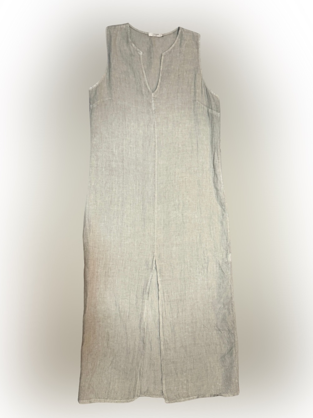 Sleeveless V-Neck 100% Linen Dress in Light Tan with Front Slit ~ Made in Italy